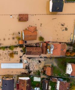 aerial view of flood affected area - climate related displacement